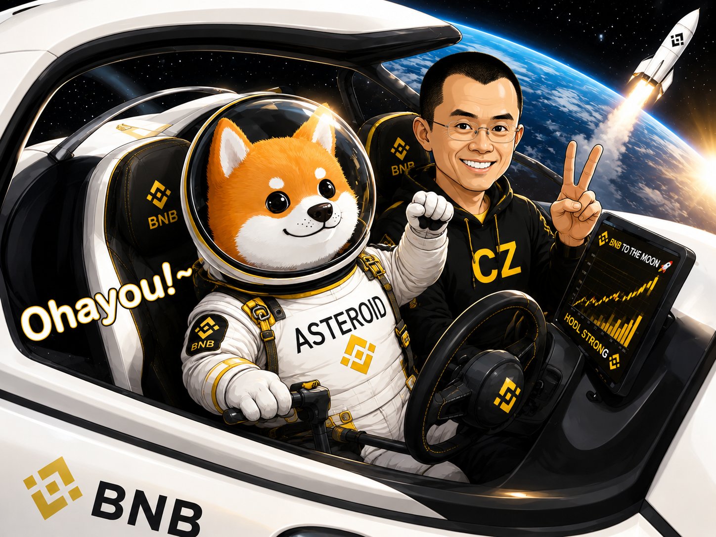 Asteroid Shiba astronaut riding a BNB spacecraft with CZ