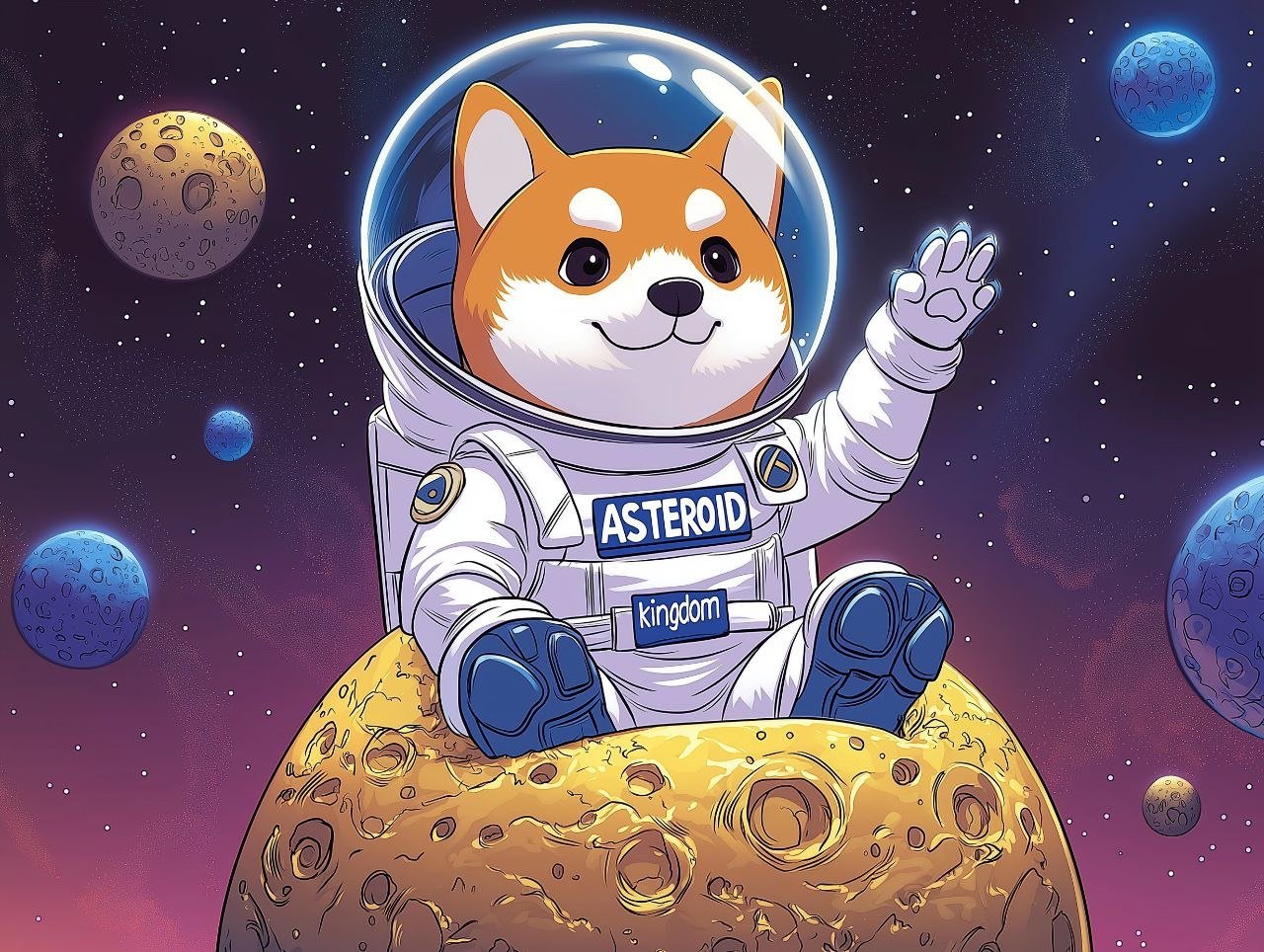 Asteroid Shiba astronaut waving from a golden asteroid
