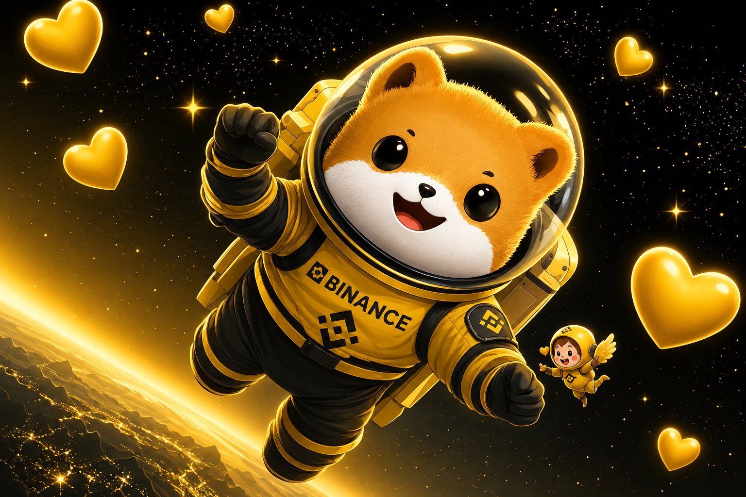 Golden Binance-suited Shiba floating through space with hearts